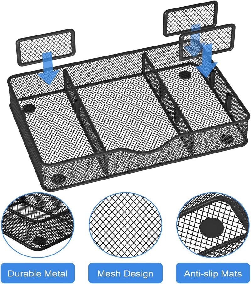 VyGrow Desk Drawer Organizer, Metal Mesh Drawer Organizer Tray with 6 Adjustable Compartment, Tray Organizer for Desktop, Kitchen, Bathroom, Makeup, Vanity - 14.5x8.8x1.96 inch, Black, 1PC Large - Image 3